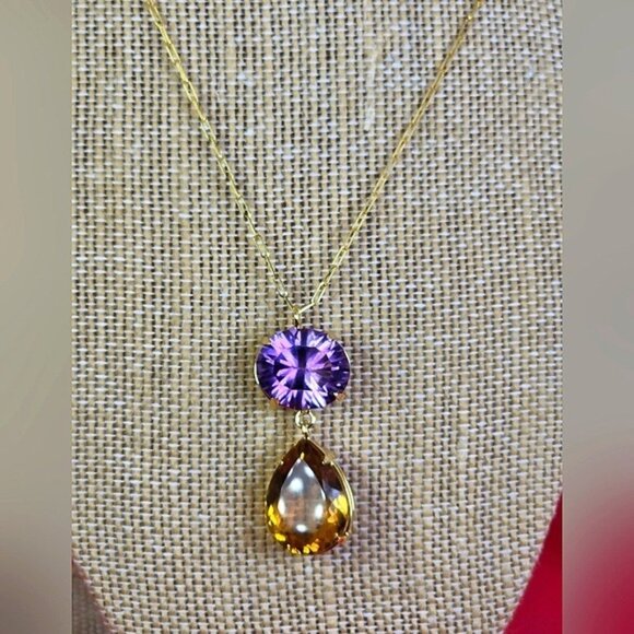 925 Sterling Silver Necklace 14K Gold Pl with Natural Amethyst & Honey Quartz - Picture 8 of 12
